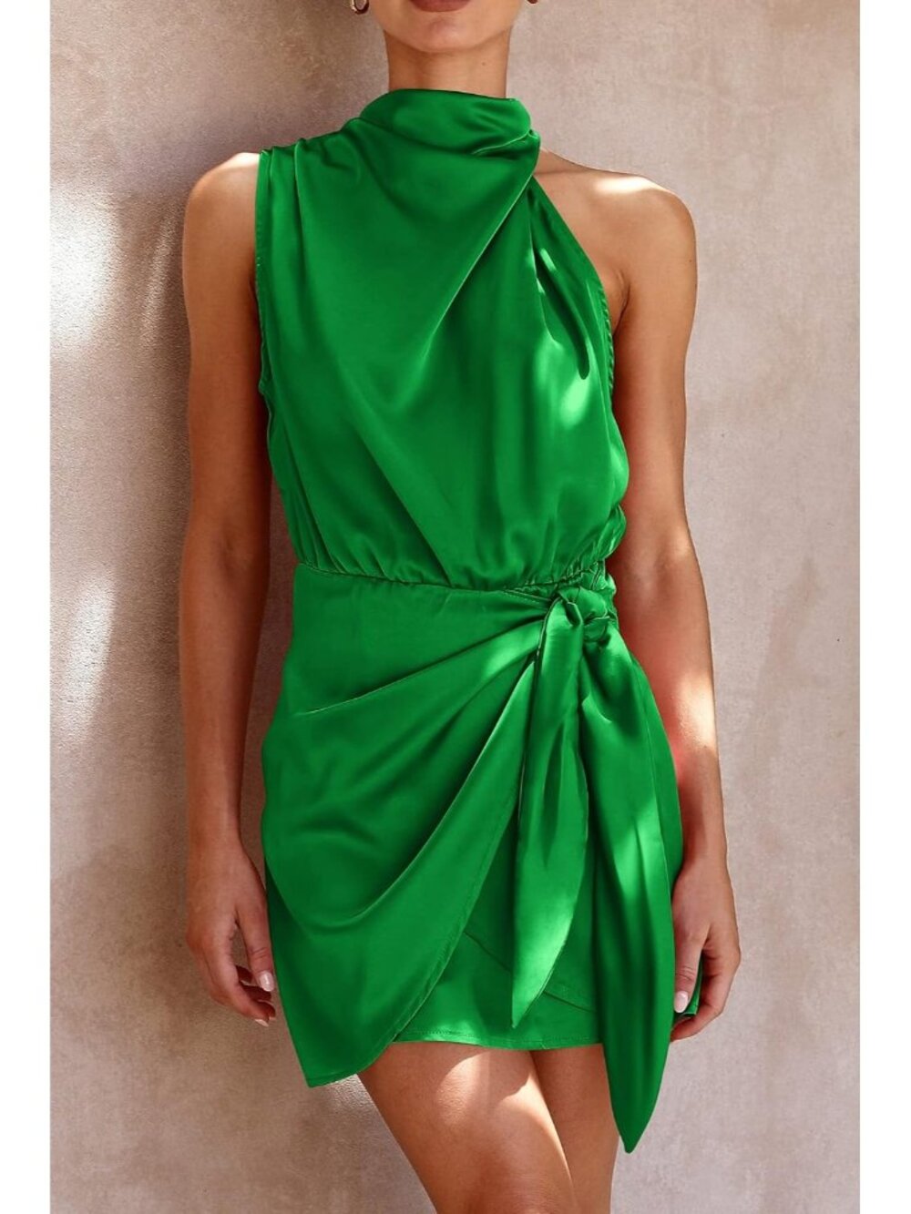 Women's Brilliant Green Formal Short Sleeveless Mock Neck Satin Party Dresses - Picture 2 of 6